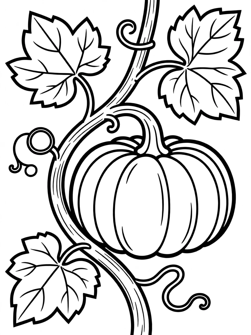 A pumpkin growing on a thick vine with large leaves