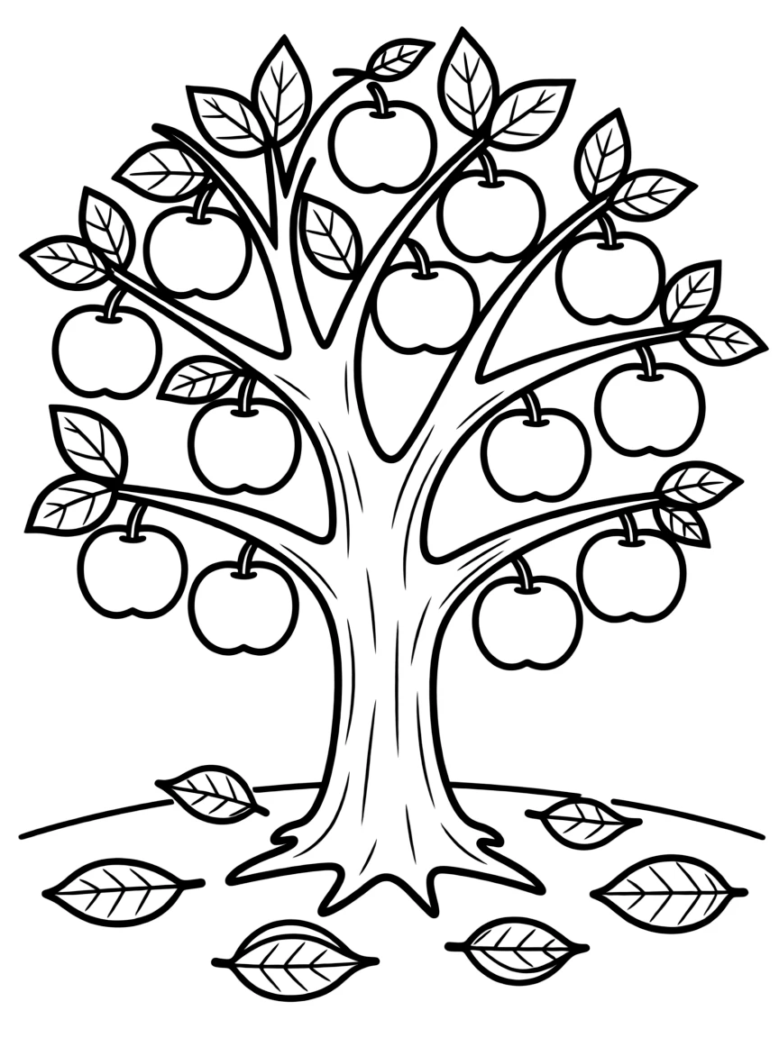 An apple tree with red apples and a few fallen leaves