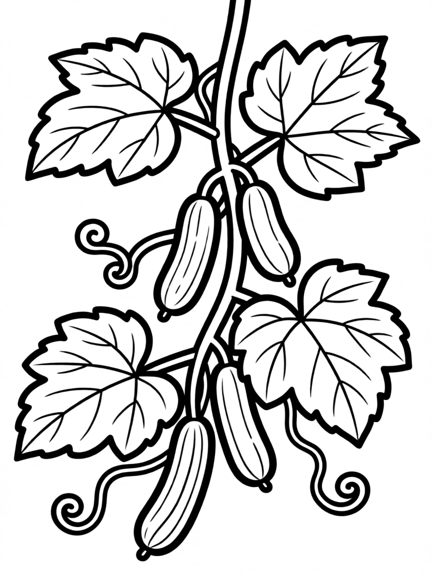 A cucumber plant with long cucumbers and curly tendrils