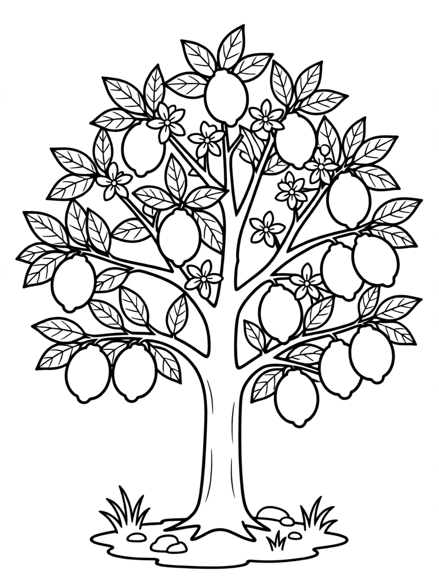 A lemon tree with bright yellow lemons and small flowers