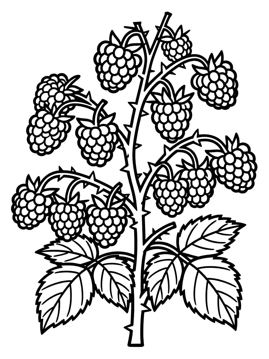 A raspberry bush with red raspberries and small thorns