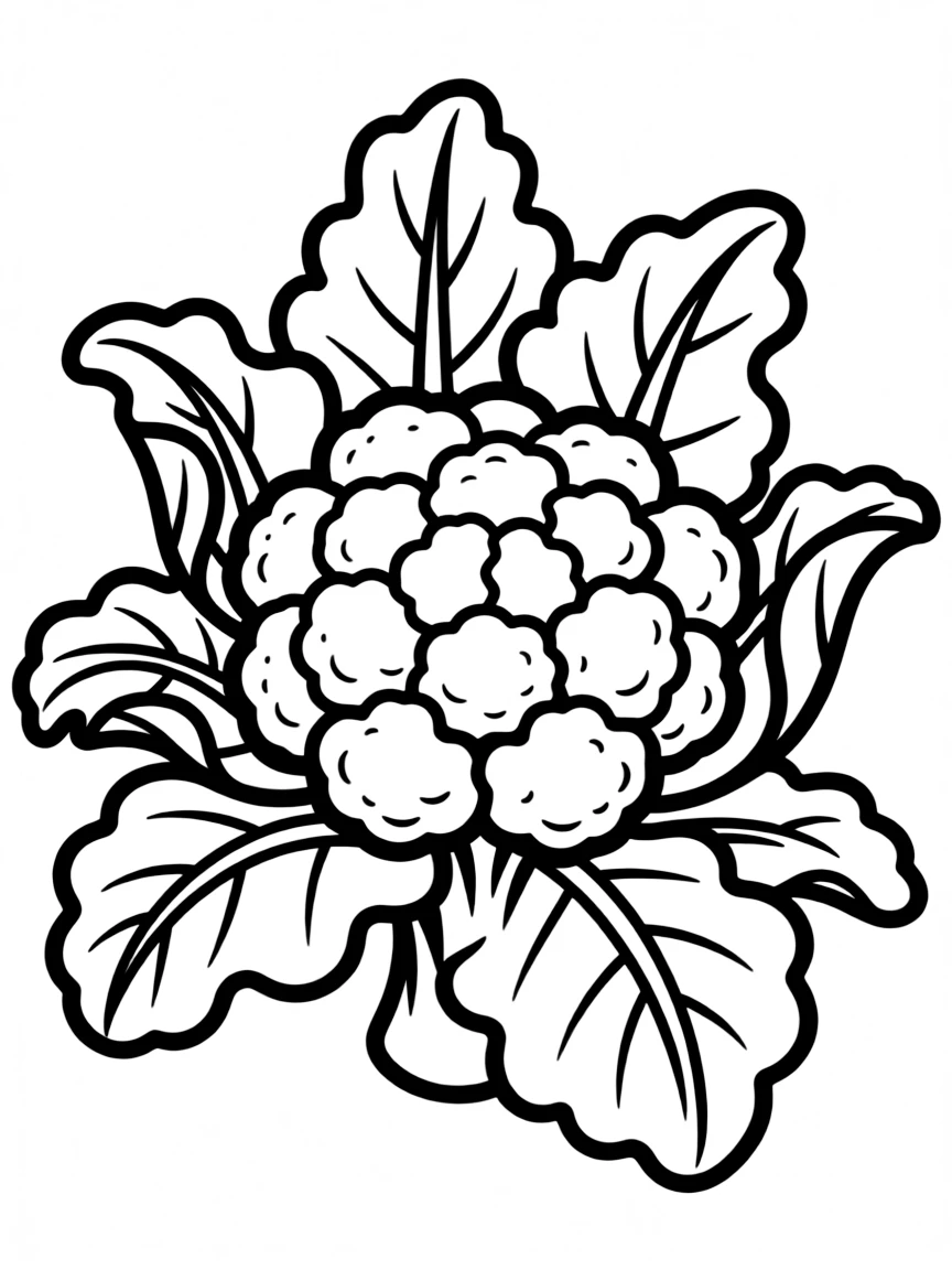 A cauliflower plant with white florets surrounded by leaves