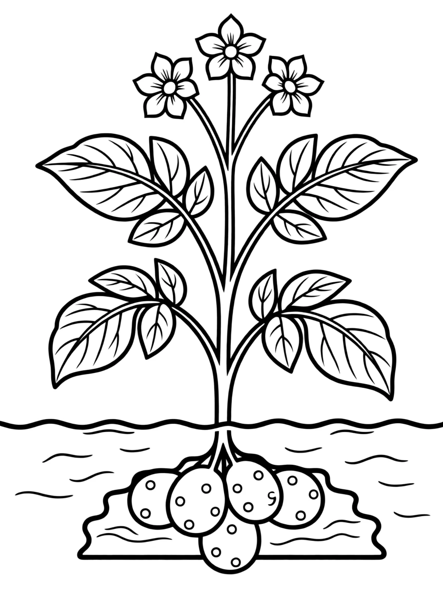 A potato plant with green leaves and potatoes underground
