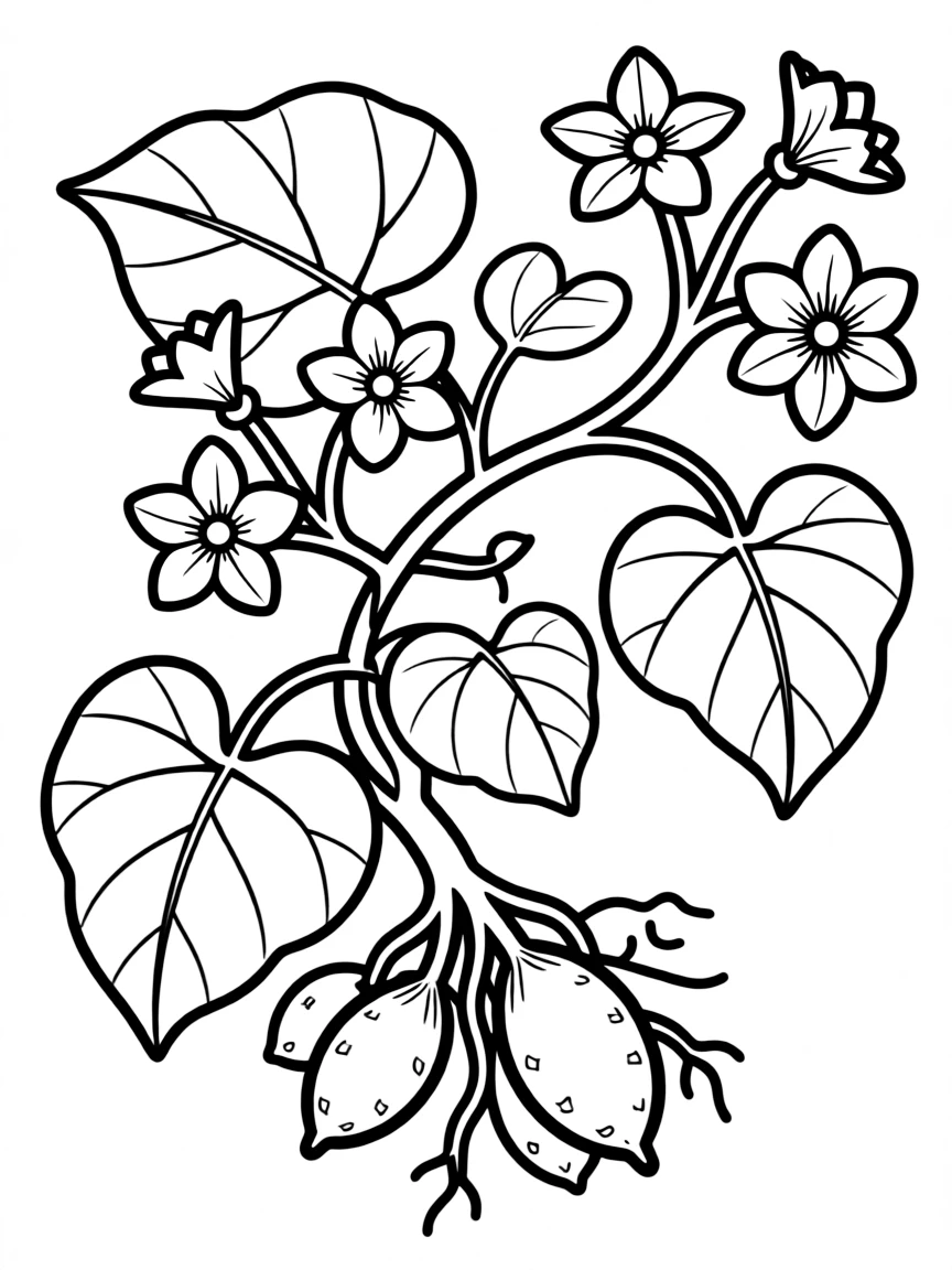 A sweet potato vine with purple flowers and roots