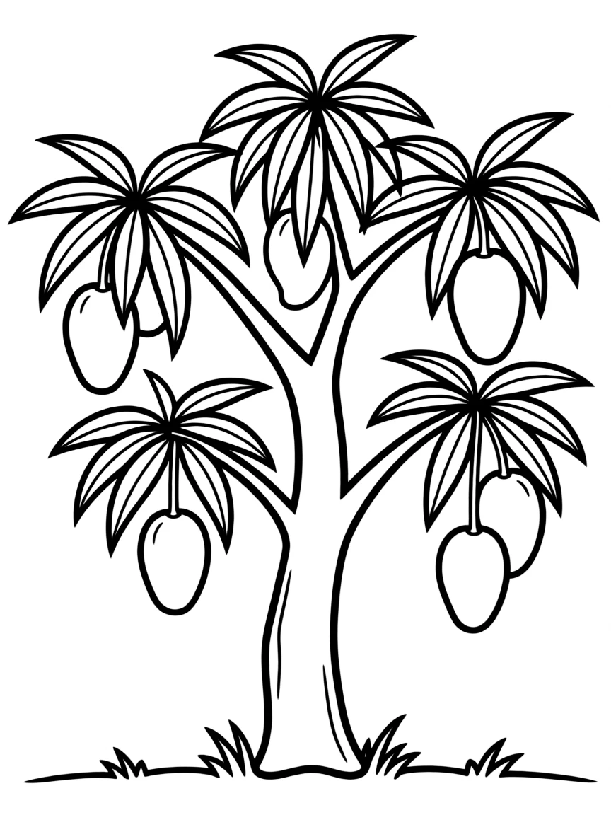 A mango tree with hanging mangoes and slender leaves