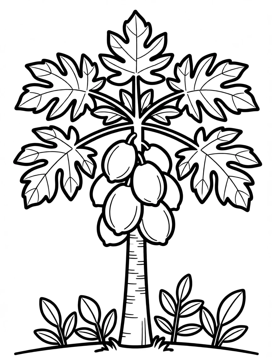 A papaya tree with large fruit and fan-like leaves