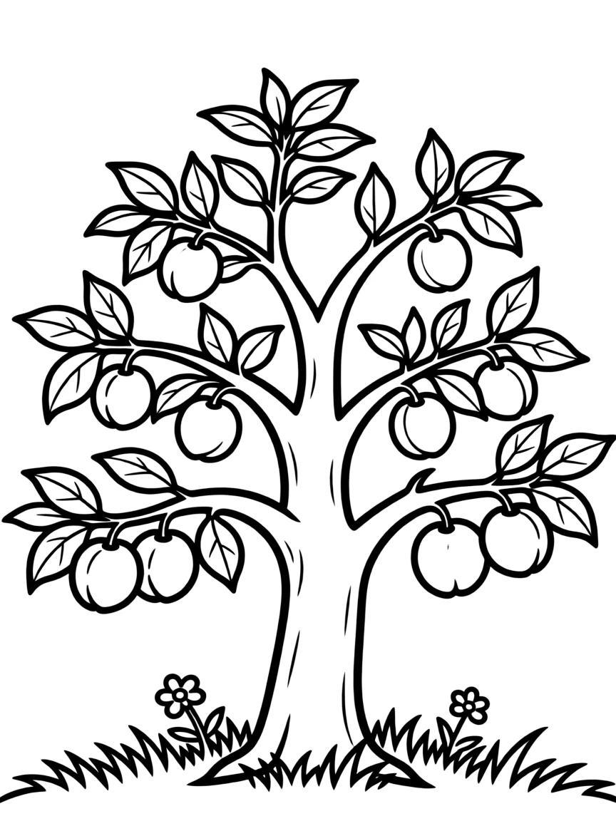 A plum tree with purple plums hanging on its limbs