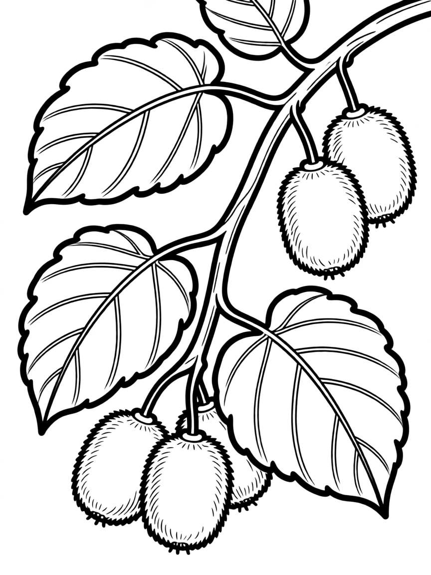 A kiwi vine with fuzzy kiwi fruits and big leaves
