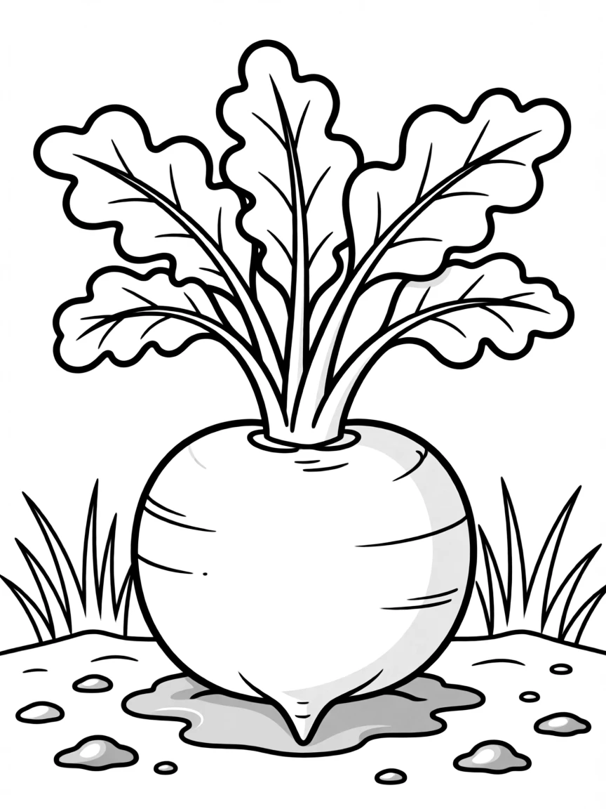 A turnip growing in the ground with its leafy top