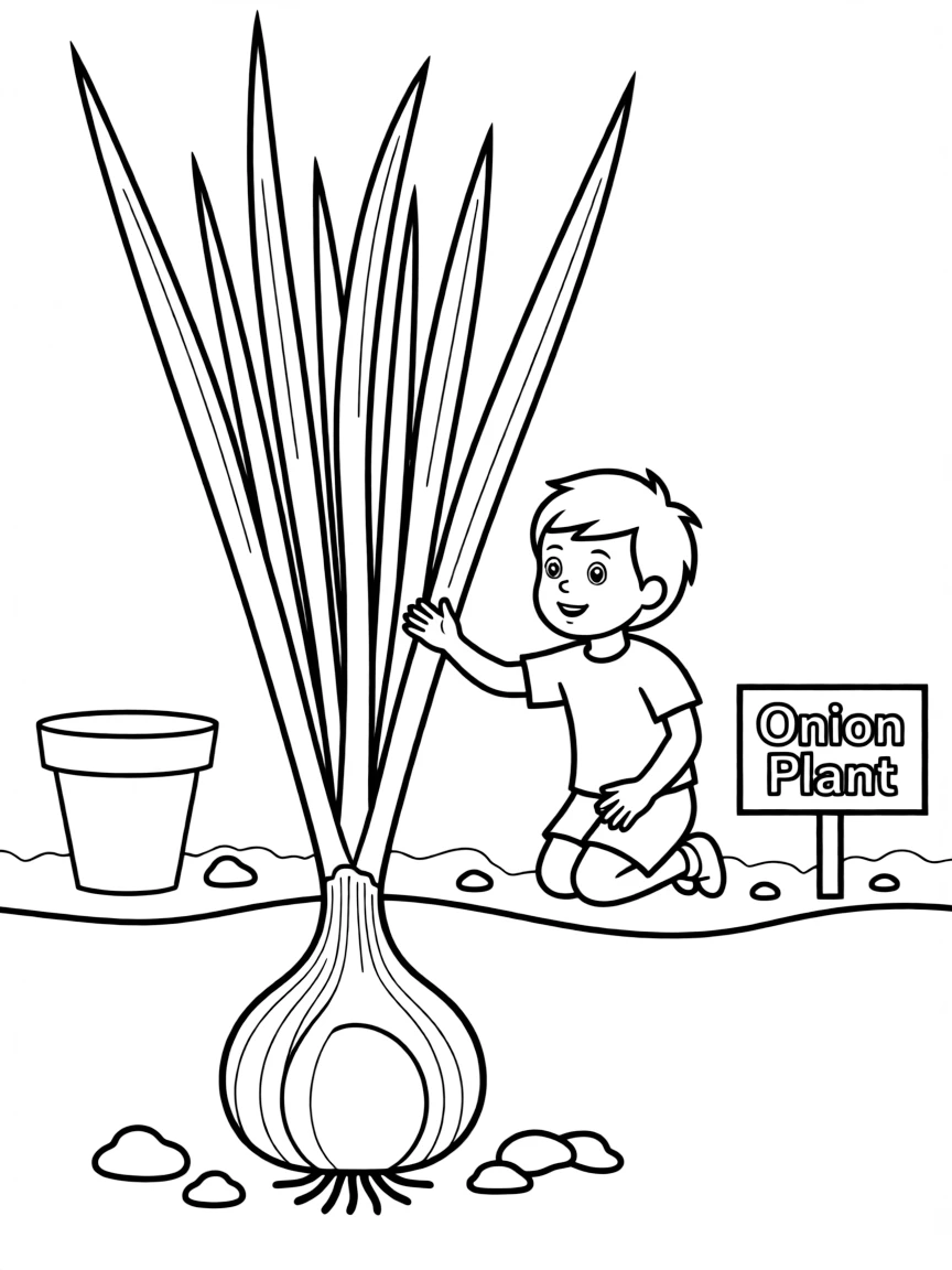 An onion plant with green stalks and a bulb underground