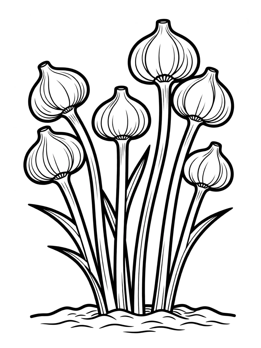 A garlic plant with tall green stems and white bulbs