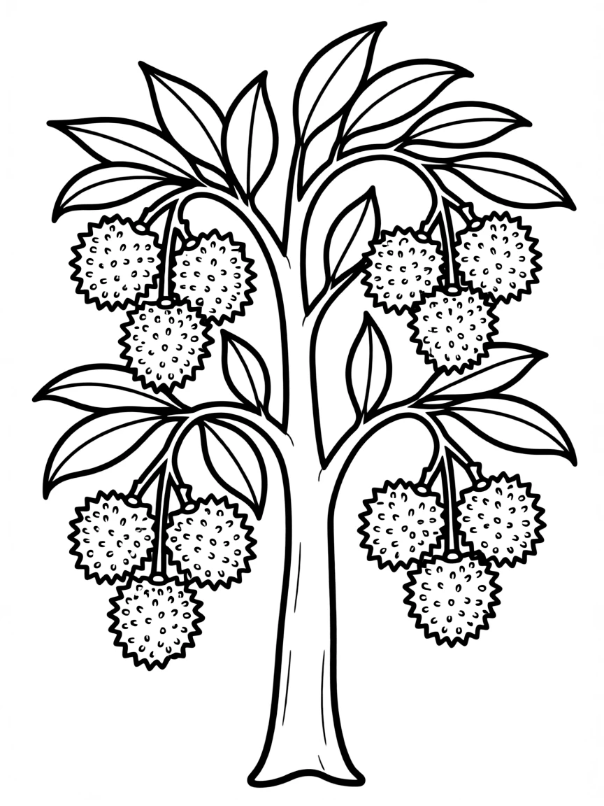 A lychee tree with clusters of spiky red fruits