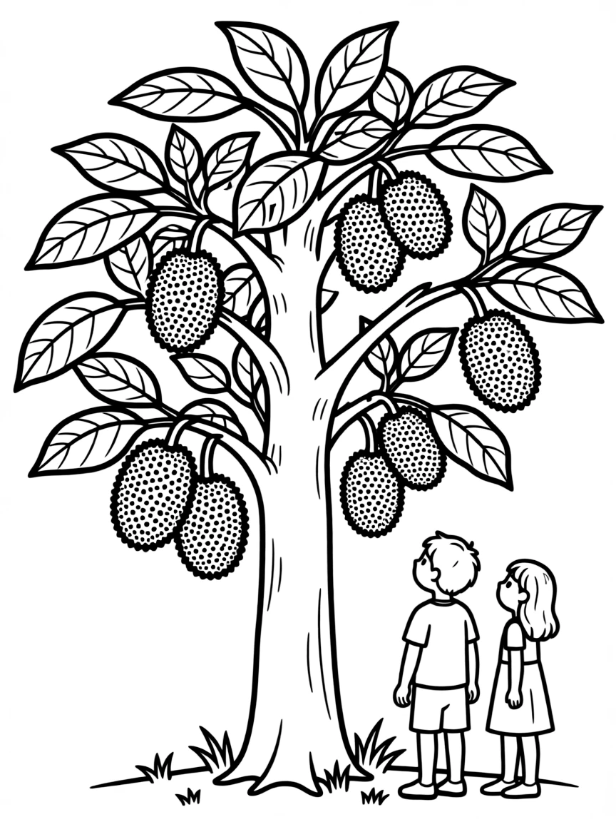 A jackfruit tree with big spiky fruits