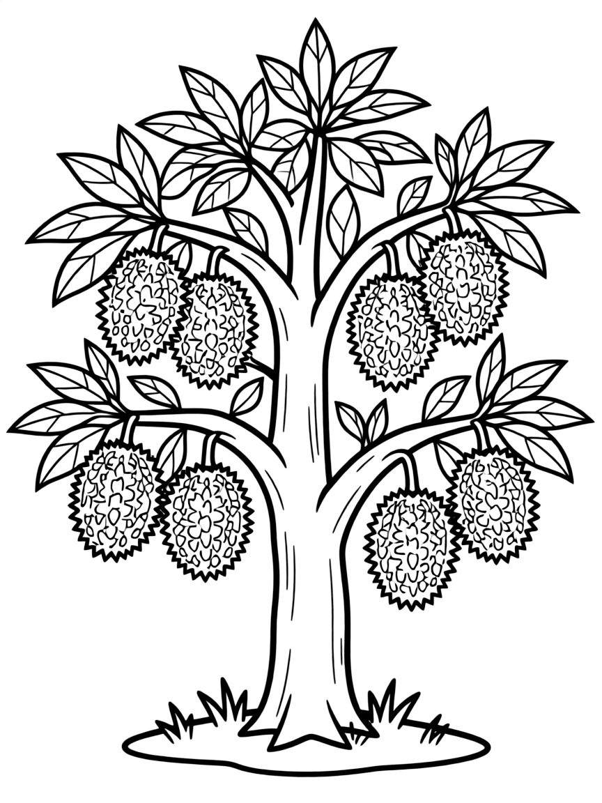 A durian tree with large thorny fruits