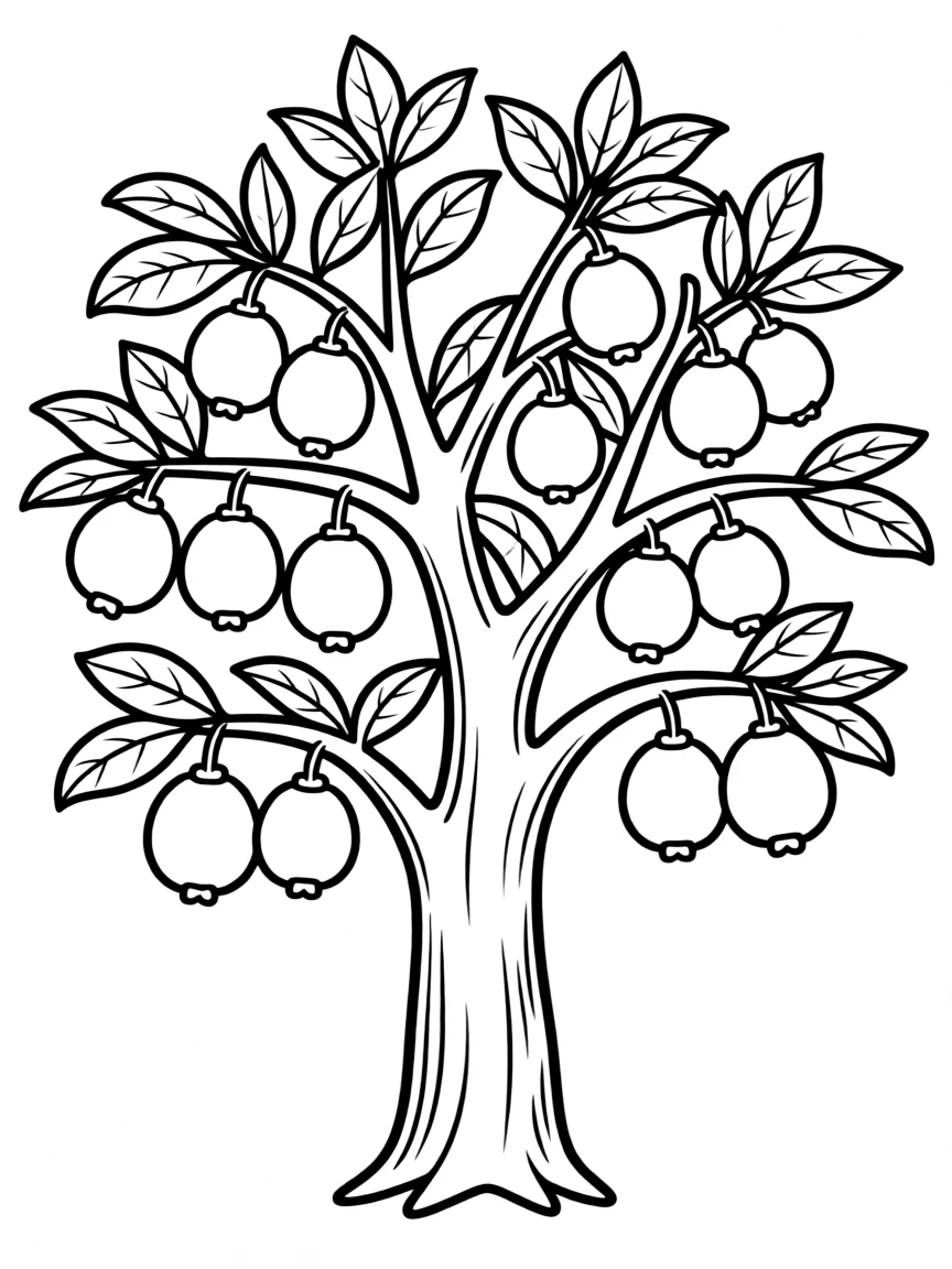 A guava tree with round green guavas and soft leaves