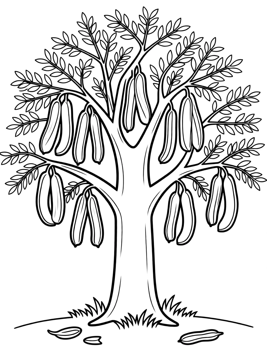 A tamarind tree with curved brown pods