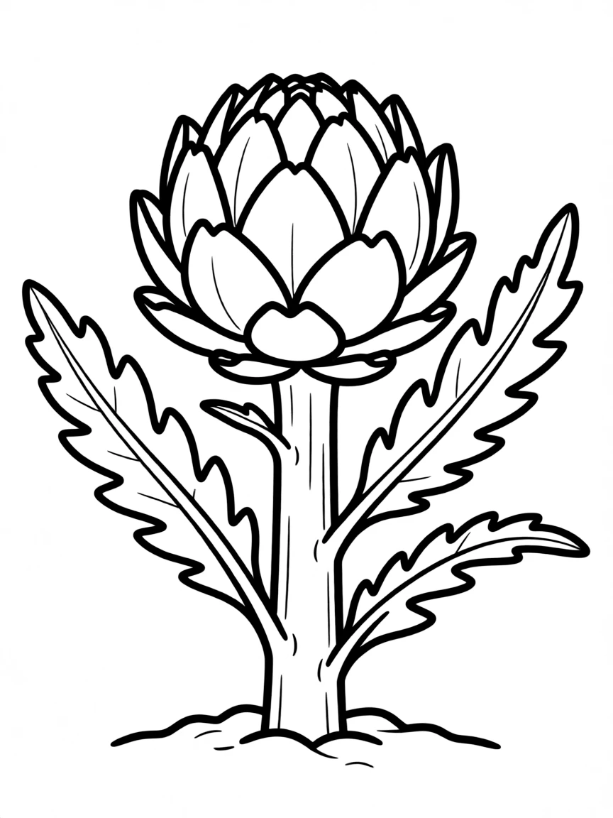 An artichoke plant with a thick stem and flower bud