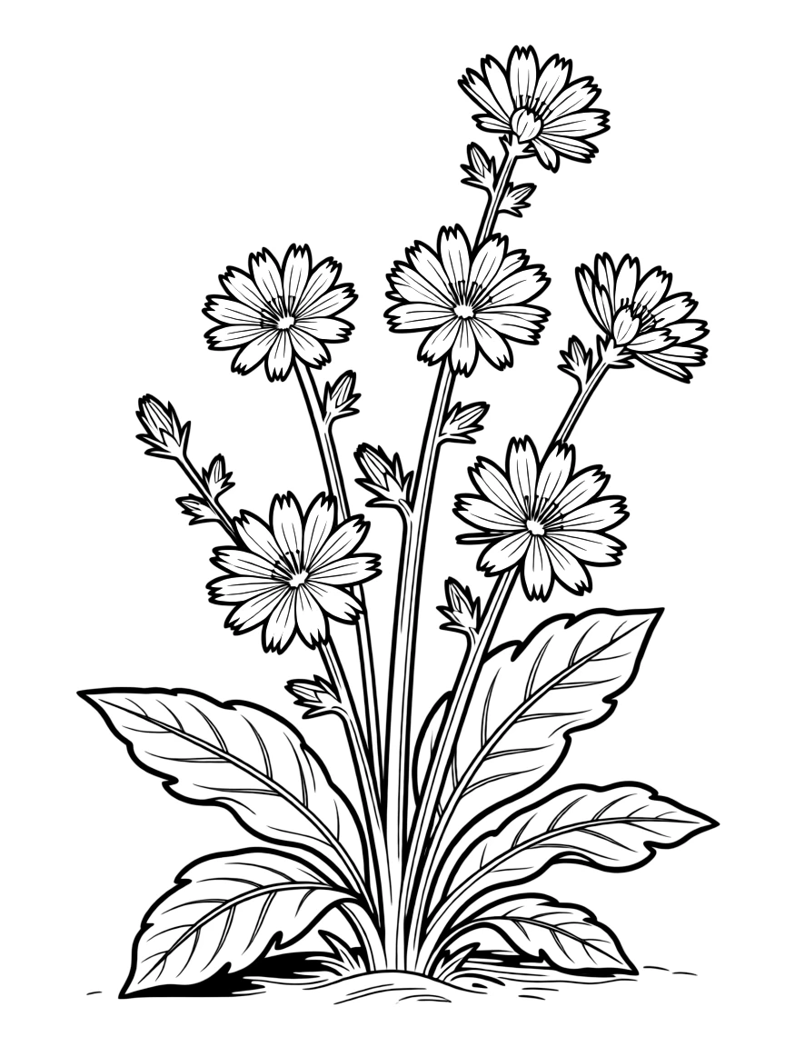 A chicory plant with blue flowers and leafy greens