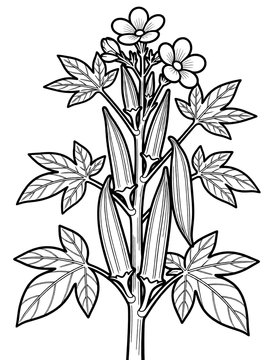An okra plant with long pods and yellow flowers