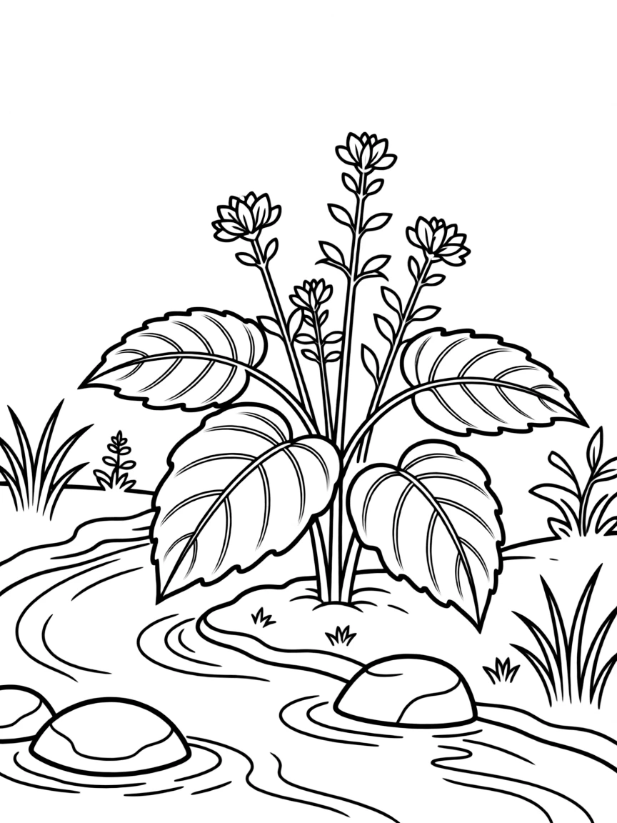 A wasabi plant growing by a stream