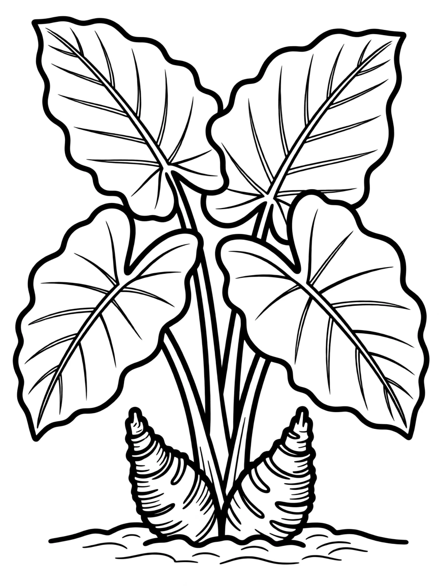 A taro plant with broad leaves and corms below