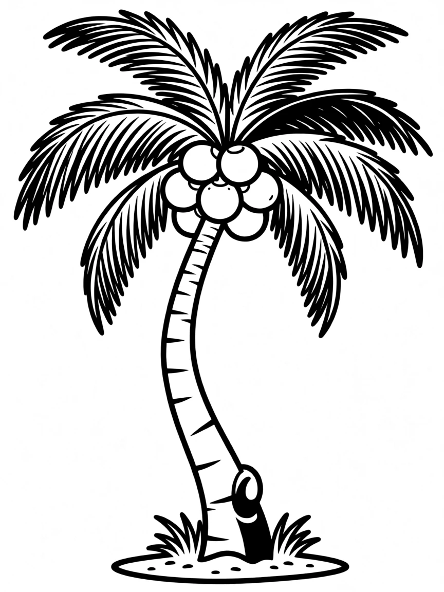 A coconut palm tree with coconuts hanging high