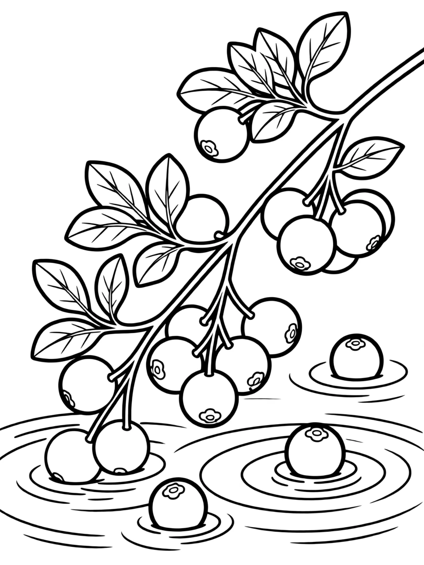 A cranberry vine with berries floating in water