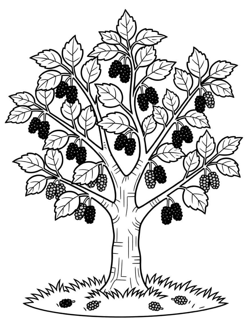 A mulberry tree with black and red berries
