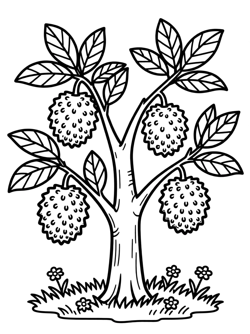 A soursop tree with spiky green fruit