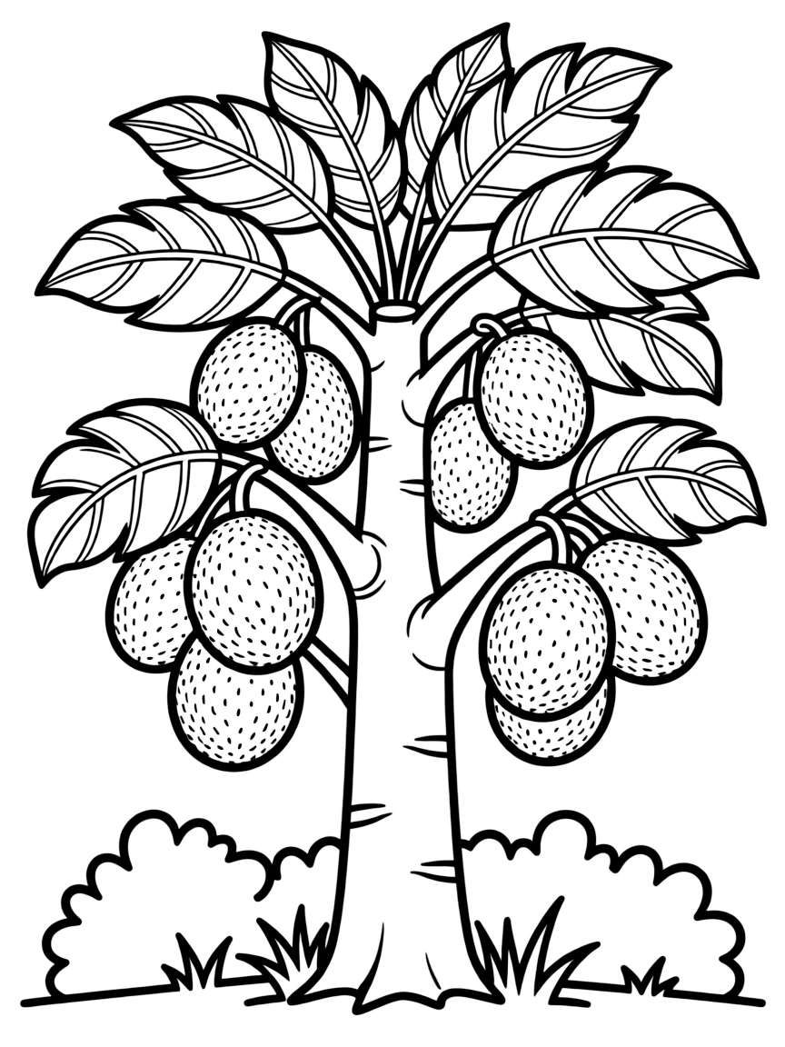 A breadfruit tree with giant round fruit