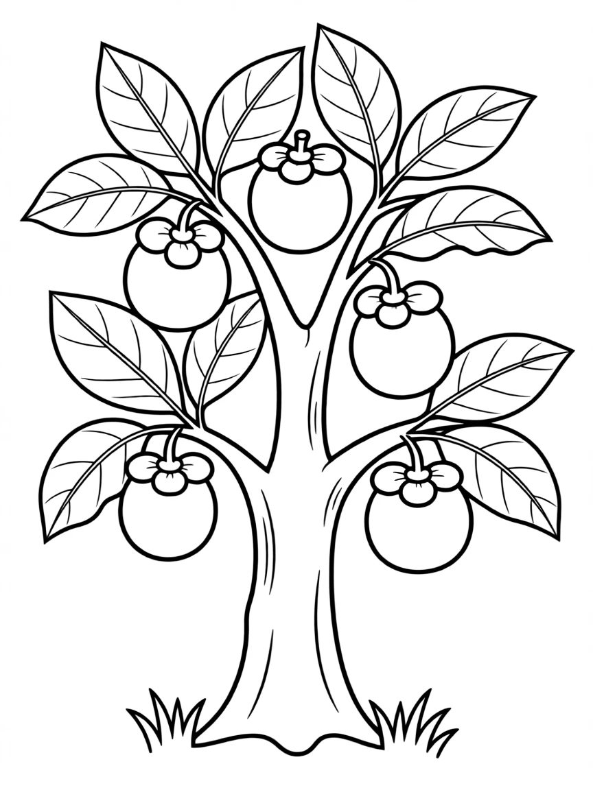 A mangosteen tree with purple fruit and green cap