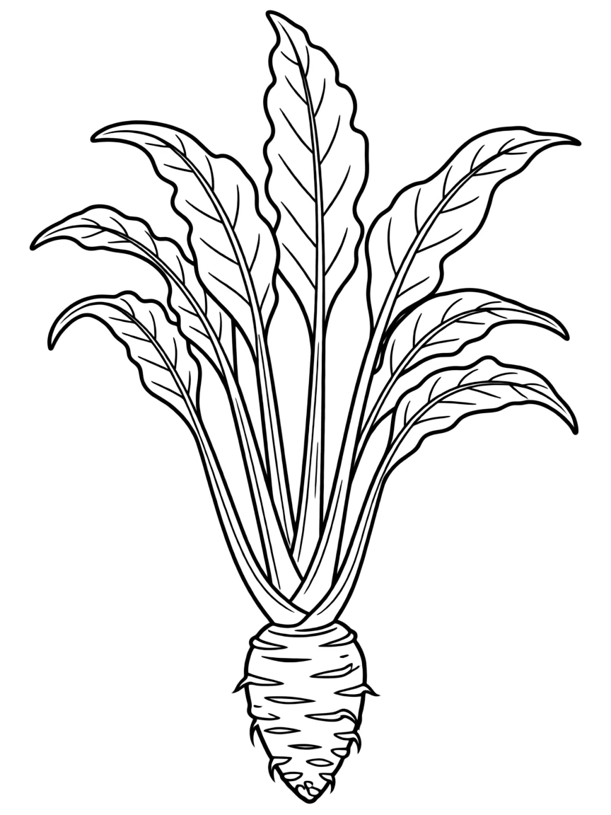 A horseradish plant with tall green tops and root