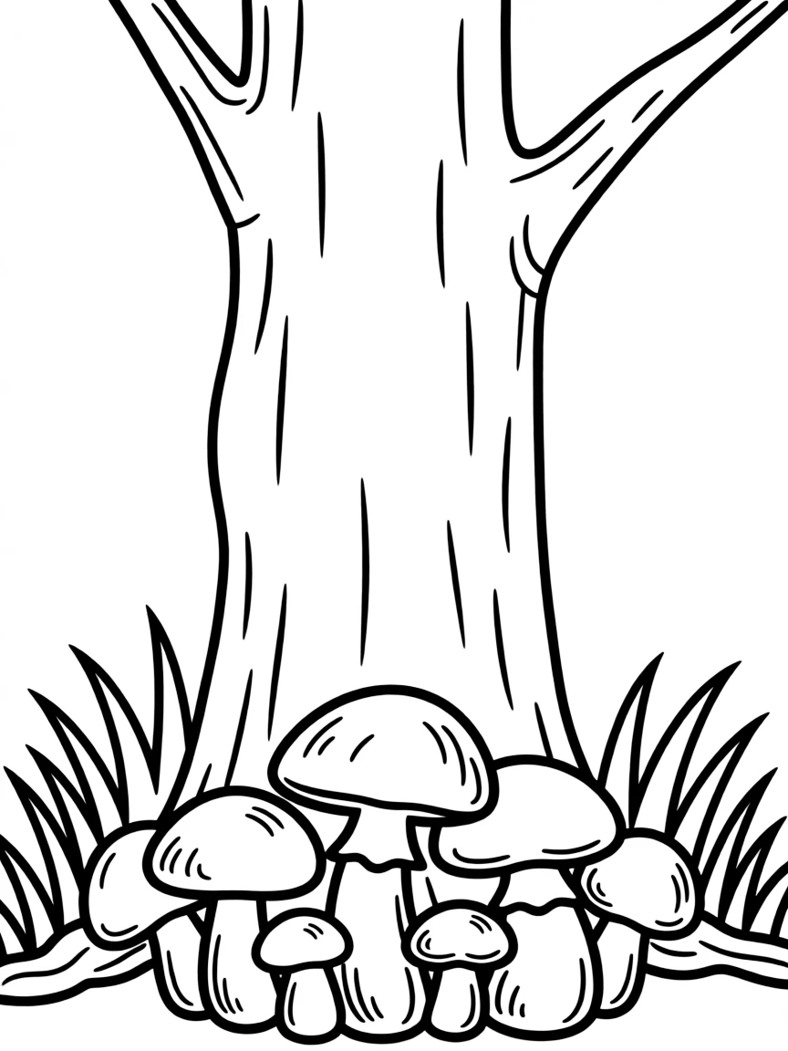 A cluster of mushrooms growing at the base of a tree