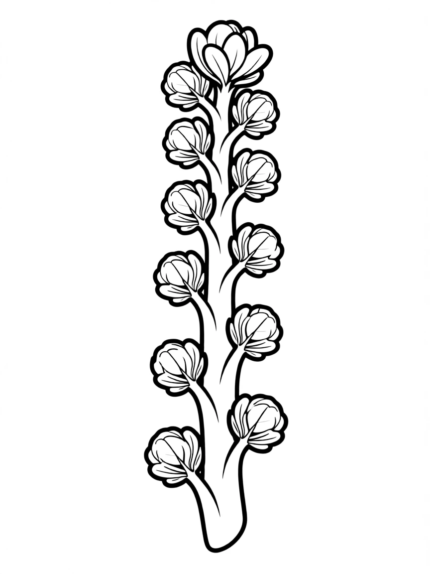 A brussels sprouts stalk with small sprouts along the stem