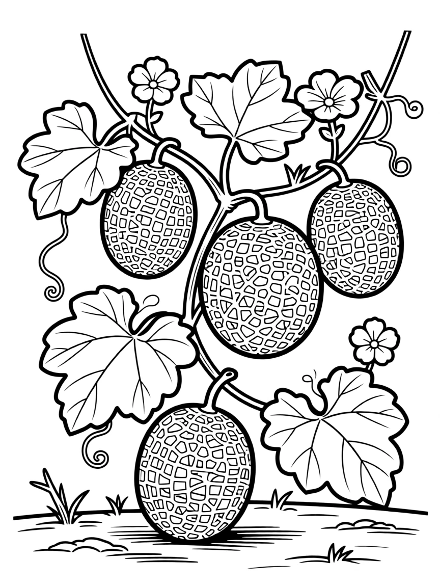A cantaloupe plant with netted skin melons