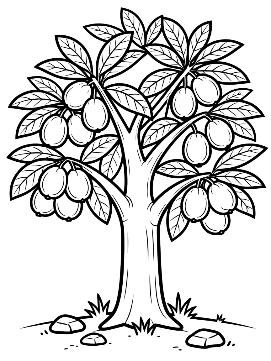 A sapote tree with round soft fruit