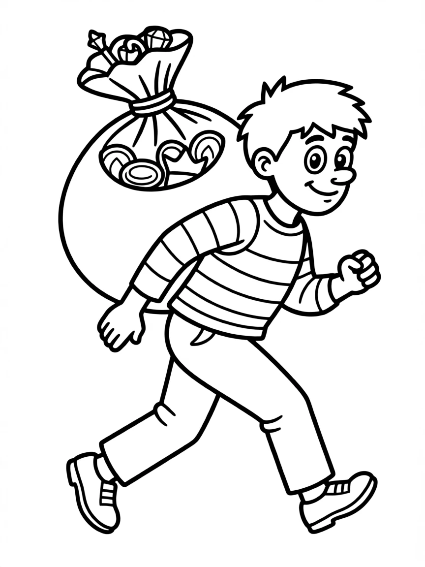 A cartoon thief tiptoeing with a big sack of loot on his back