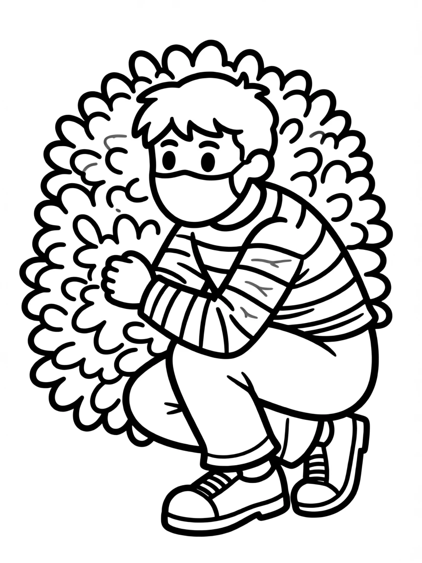 A robber wearing a striped shirt and mask hiding behind a bush