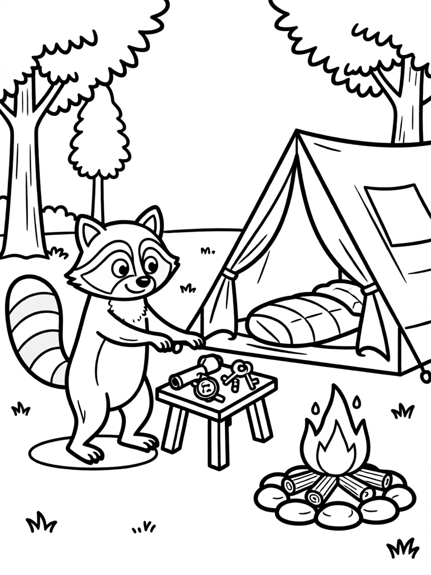 A mischievous raccoon stealing shiny objects from a campsite