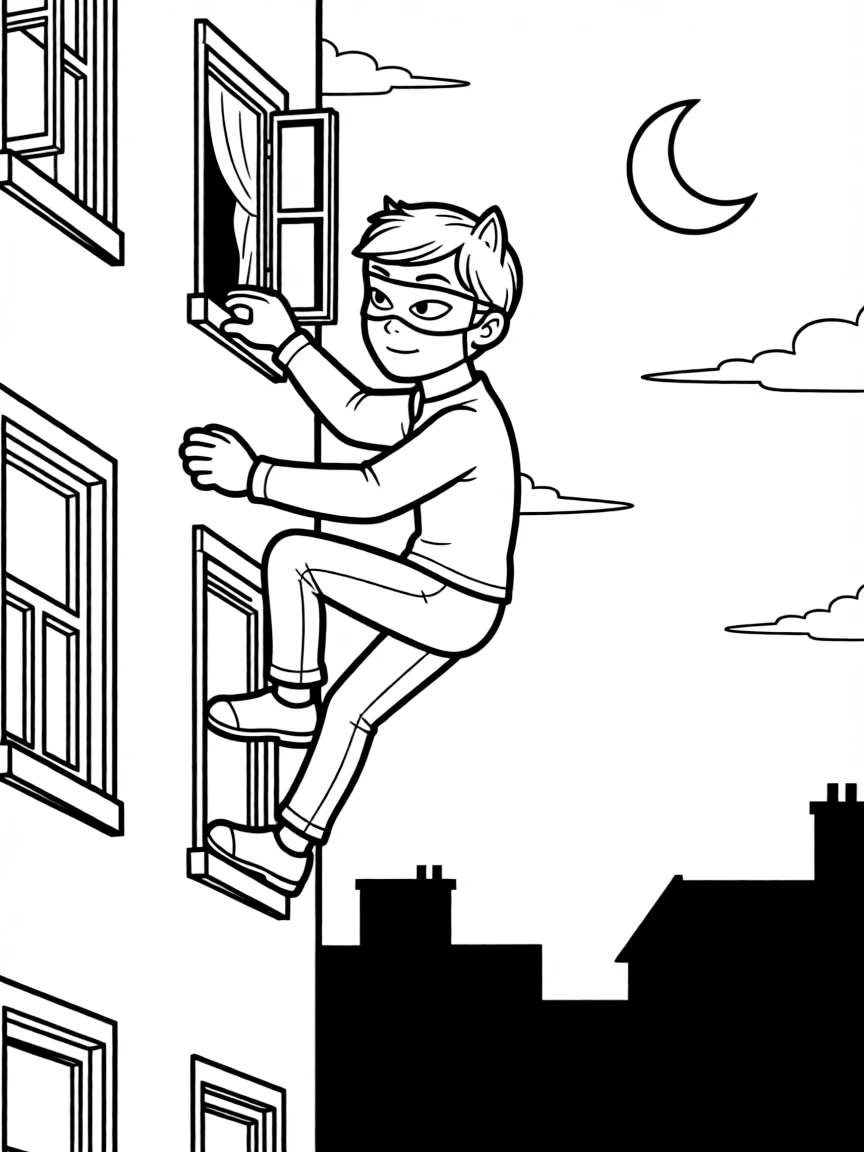 A cat burglar climbing up a building at night