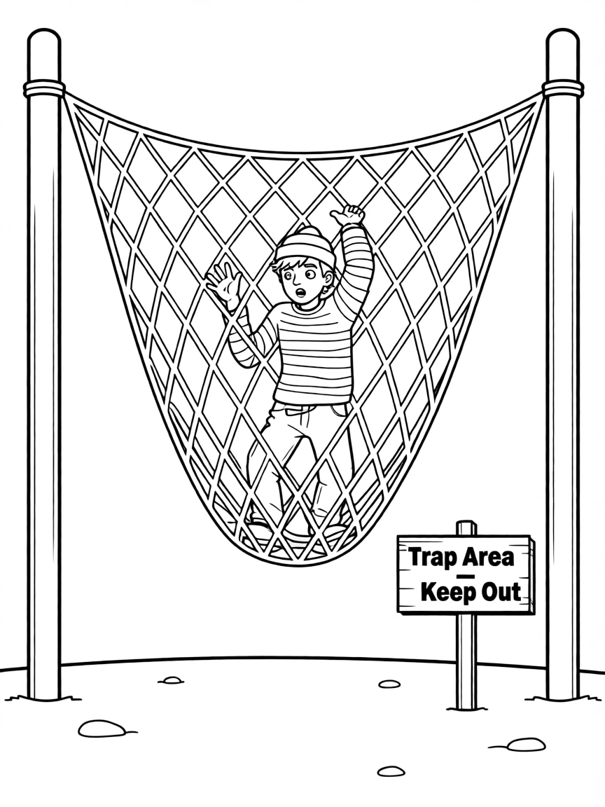 A robber caught in a net trap trying to escape