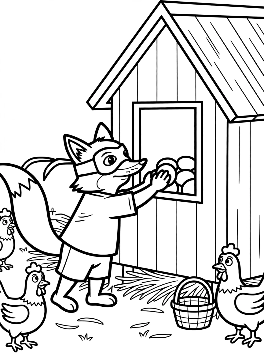 A sneaky fox in a mask stealing eggs from a chicken coop