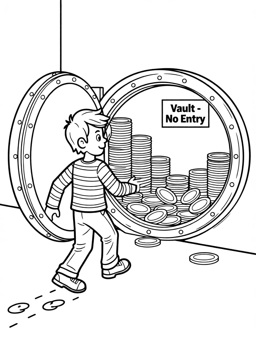 A bank robber tiptoeing out of a vault full of coins