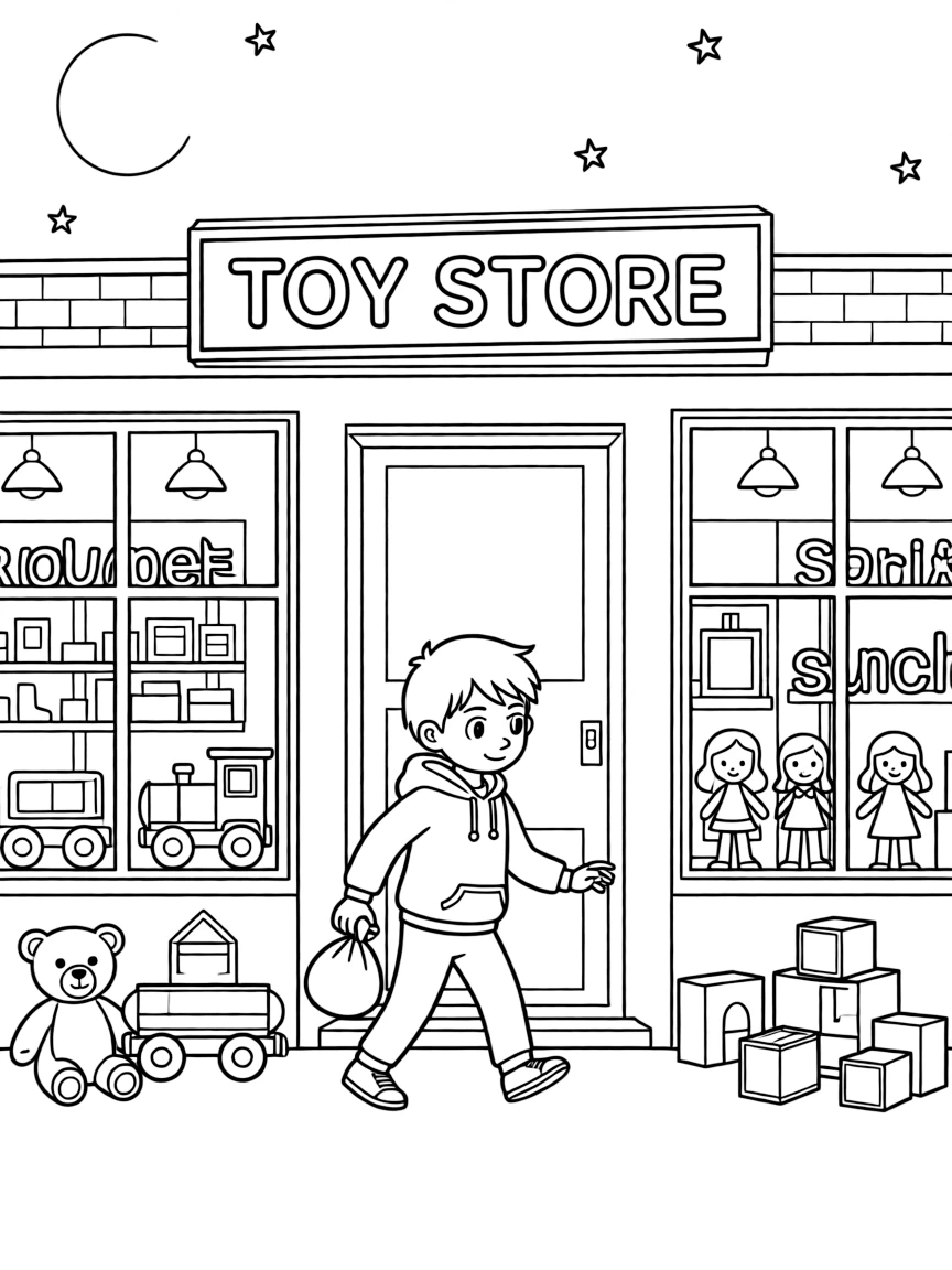 A thief sneaking into a toy store at night