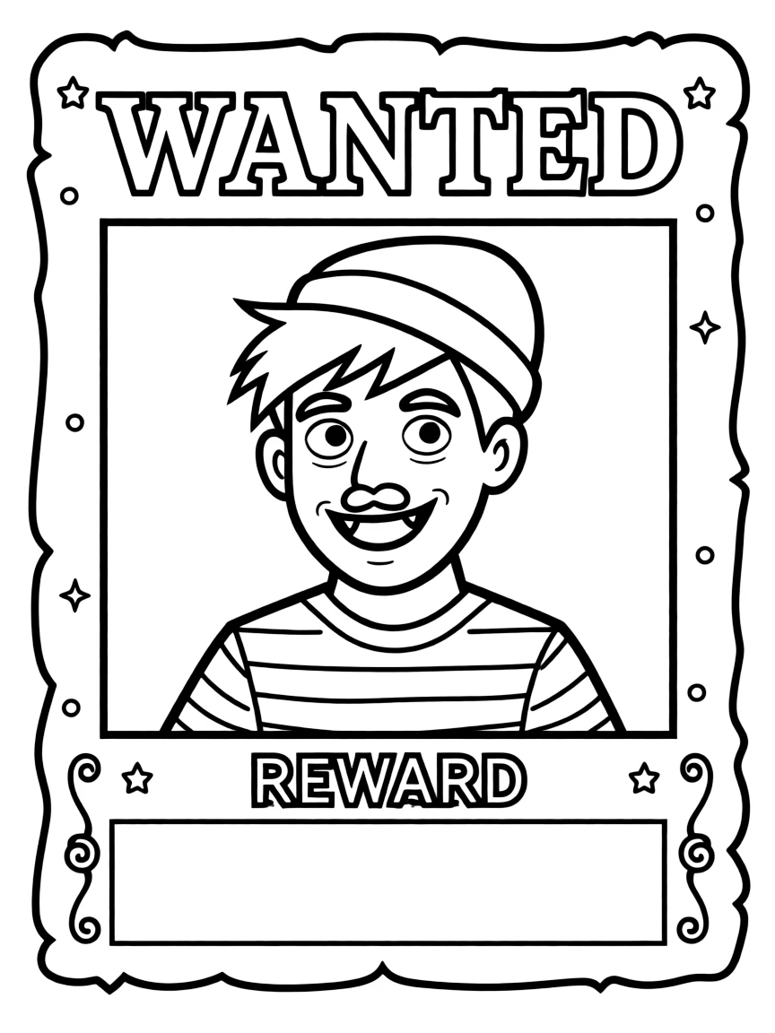 A comic-style “Wanted” poster with a funny thief’s face