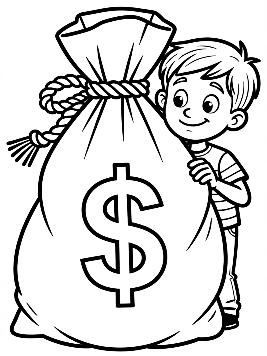 A thief hiding behind a large money bag