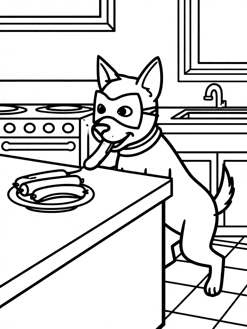 A cartoon dog wearing a mask stealing sausages from a kitchen