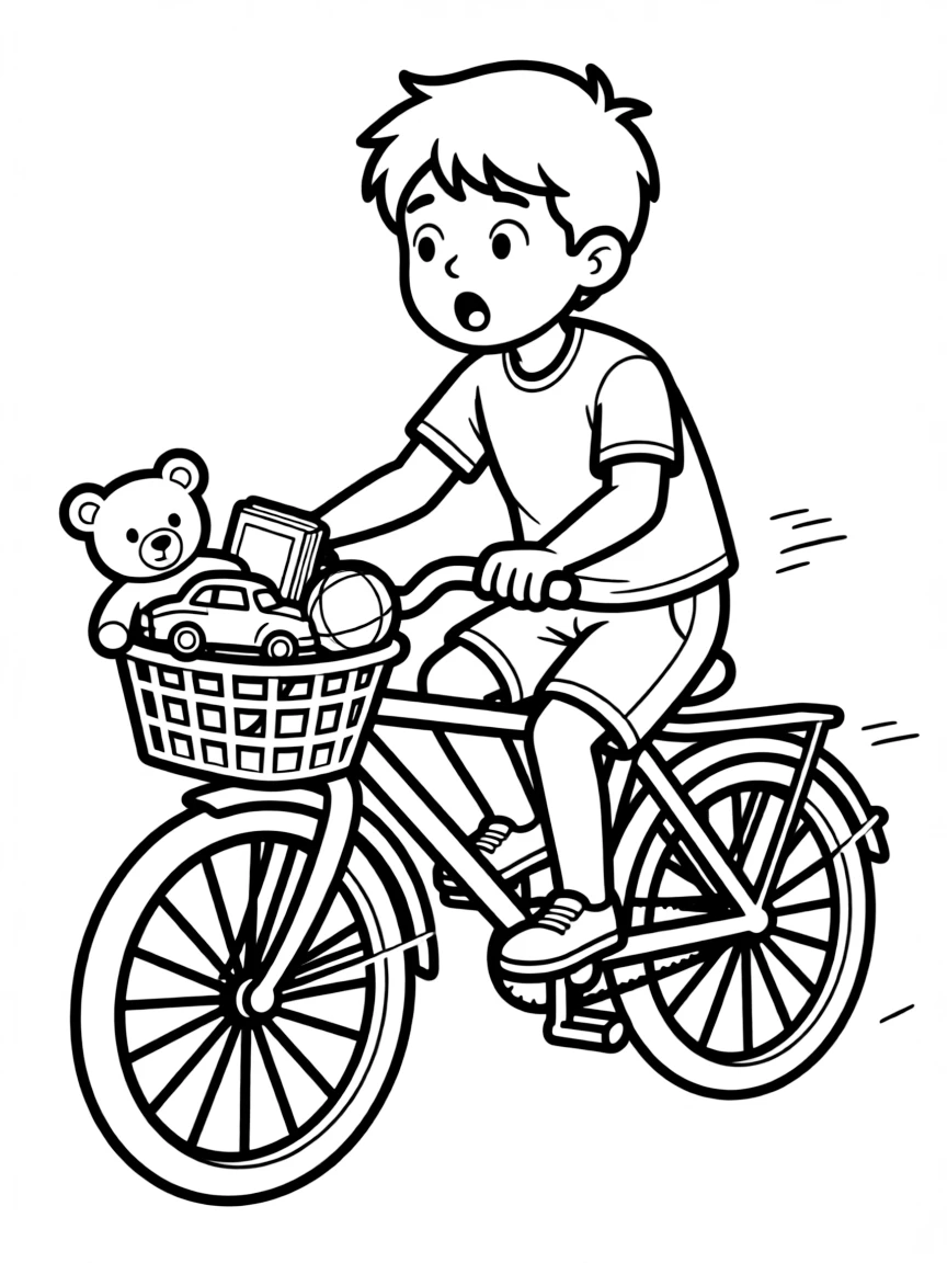 A thief riding a bicycle with stolen goods in the basket
