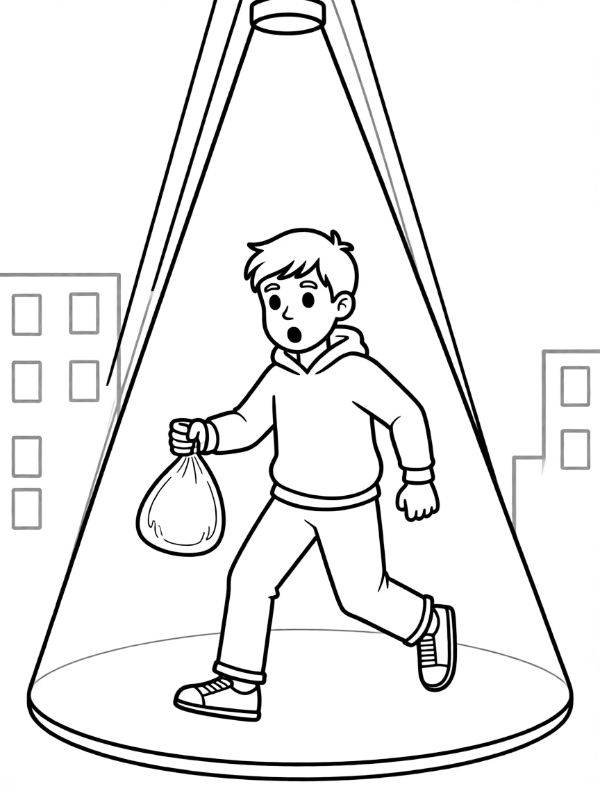 A thief getting caught by a spotlight