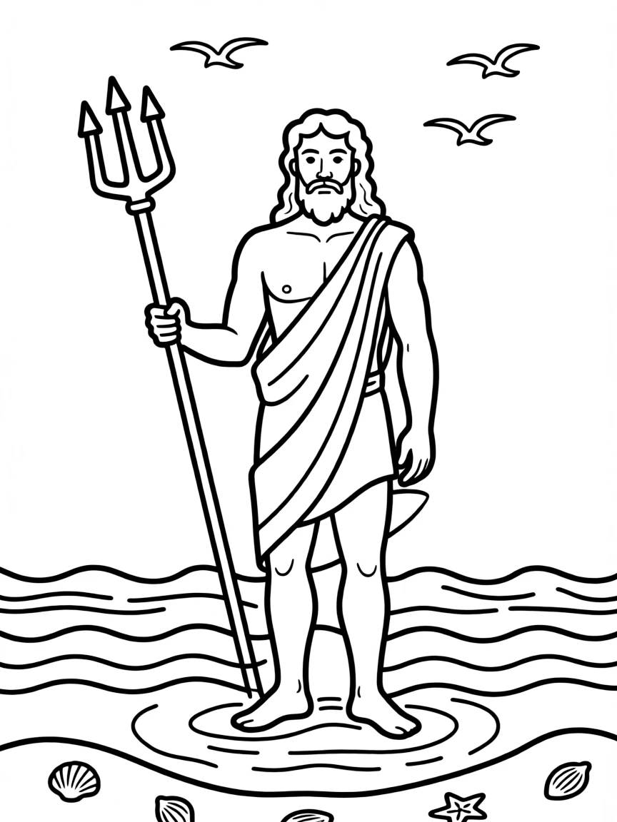 (Greek mythology) Poseidon with his trident standing in the ocean